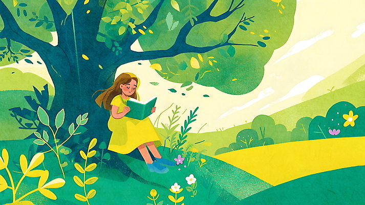 전신 PSD 나무 여자 꽃 여유 어린이 일러스트 자연 바람 휴식 한명 앉기 소녀 야외 책 연두색 독서 햇빛 평화 눈감음 풀 언덕 소녀한명만 국내일러스트 자연요소 식물 1 감정 컨셉 모션 날씨 사람 초록색 태양 생태계 여자한명만 소녀만 파일형식