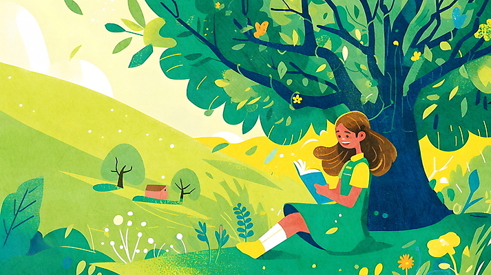 전신 PSD 나무 여자 꽃 여유 어린이 나비 일러스트 자연 바람 휴식 주택 한명 앉기 소녀 야외 책 연두색 독서 햇빛 평화 풀 소녀한명만 국내일러스트 자연요소 식물 1 감정 곤충 컨셉 모션 날씨 사람 건물 초록색 태양 생태계 여자한명만 소녀만 파일형식