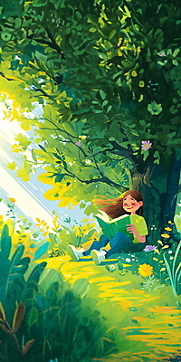 전신 PSD 나무 여자 여유 어린이 일러스트 자연 바람 휴식 한명 앉기 소녀 야외 책 연두색 독서 햇빛 평화 눈감음 풀 소녀한명만 국내일러스트 자연요소 식물 1 감정 컨셉 모션 날씨 사람 초록색 태양 생태계 여자한명만 소녀만 파일형식