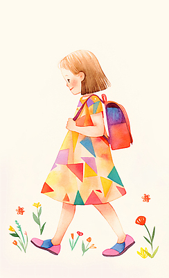 JPG 전신 원피스 여자 교육 어린이 꽃밭 일러스트 붓터치 수채화 책가방 한명 소녀 걷기 귀여움 등교 백팩 소녀한명만 국내일러스트 AI일러스트 AI콘텐츠 1 옷 꽃 컨셉 가방 모션 사람 등하교 여자한명만 소녀만 파일형식