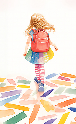 JPG 전신 원피스 여자 교육 어린이 일러스트 붓터치 수채화 책가방 한명 소녀 걷기 귀여움 등교 백팩 소녀한명만 국내일러스트 AI일러스트 AI콘텐츠 1 옷 컨셉 가방 모션 사람 등하교 여자한명만 소녀만 파일형식