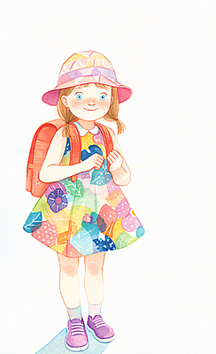 JPG 전신 모자 원피스 여자 교육 어린이 일러스트 붓터치 수채화 책가방 한명 서기 소녀 귀여움 등교 백팩 소녀한명만 국내일러스트 AI일러스트 AI콘텐츠 1 잡화 옷 컨셉 가방 모션 사람 등하교 여자한명만 소녀만 파일형식