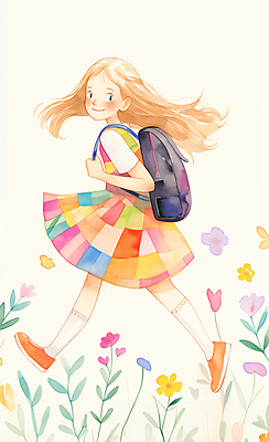 JPG 전신 원피스 여자 교육 어린이 꽃밭 일러스트 붓터치 수채화 책가방 한명 소녀 걷기 귀여움 등교 백팩 소녀한명만 국내일러스트 AI일러스트 AI콘텐츠 1 옷 꽃 컨셉 가방 모션 사람 등하교 여자한명만 소녀만 파일형식