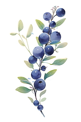 JPG 일러스트 수채화 사람없음 여름 파란색 나뭇가지 신선 블루베리 국내일러스트 AI일러스트 AI콘텐츠 나무 계절 컬러 과일 파일형식