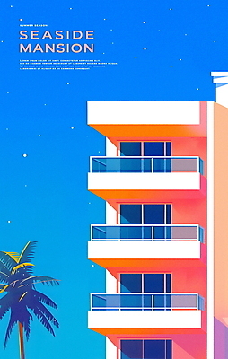 PSD 일러스트 창문 하늘 해변 사람없음 건물 여름 파란색 반짝임 야자수 발코니 분위기 저녁 심플 국내일러스트 나무 건축물 계절 바다 컬러 컨셉 모션 야간 파일형식