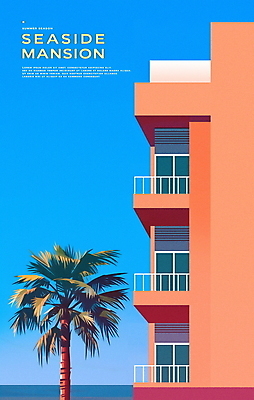 PSD 일러스트 창문 하늘 해변 사람없음 건물 여름 파란색 야자수 발코니 분위기 저녁 심플 국내일러스트 나무 건축물 계절 바다 컬러 컨셉 야간 파일형식