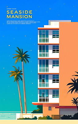 PSD 일러스트 창문 하늘 해변 사람없음 건물 여름 파란색 반짝임 야자수 발코니 분위기 저녁 심플 국내일러스트 나무 건축물 계절 바다 컬러 컨셉 모션 야간 파일형식
