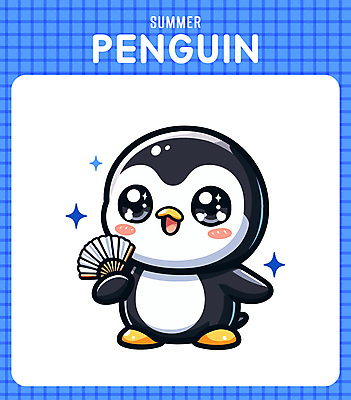 캐릭터 일러스트 미소 사람없음 캐주얼 여름 파란색 반짝임 귀여움 부채 시원함 만화 즐거움 펭귄 일러캐릭터 AI파일 옷 계절 감정 컬러 컨셉 모션 조류 표정 파일형식 벡터