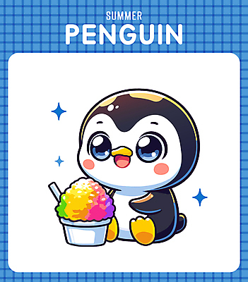 캐릭터 일러스트 미소 사람없음 캐주얼 여름 파란색 반짝임 귀여움 시원함 만화 즐거움 펭귄 빙수 일러캐릭터 AI파일 옷 계절 감정 컬러 컨셉 모션 조류 디저트 표정 파일형식 벡터