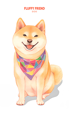 PSD 행복 일러스트 수채화 미소 사람없음 반려동물 갈색 노란색 귀여움 스카프 물감 강아지 시바견 국내일러스트 동물 감정 컬러 컨셉 표정 목도리 미술도구 개 파일형식