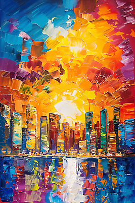 JPG 일러스트 붓터치 추상 빌딩 사람없음 물 컬러풀 반사 노을 물감 도시 디지털합성 질감 활기 스카이라인 편집소스 국내일러스트 AI일러스트 AI콘텐츠 자연요소 컬러 컨셉 무늬 건물 미술도구 파일형식