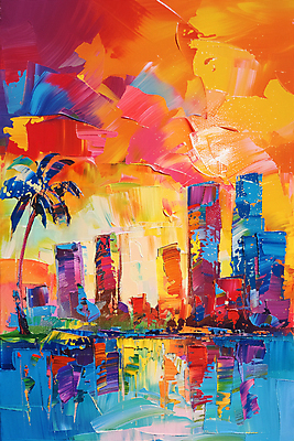 JPG 일러스트 붓터치 추상 빌딩 사람없음 물 컬러풀 야자수 반사 노을 물감 도시 디지털합성 질감 활기 스카이라인 편집소스 국내일러스트 AI일러스트 AI콘텐츠 자연요소 나무 컬러 컨셉 무늬 건물 미술도구 파일형식