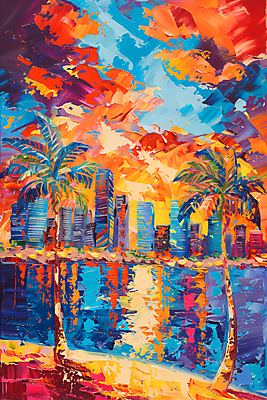 JPG 일러스트 붓터치 추상 빌딩 사람없음 물 컬러풀 야자수 반사 노을 물감 도시 디지털합성 질감 활기 스카이라인 편집소스 국내일러스트 AI일러스트 AI콘텐츠 자연요소 나무 컬러 컨셉 무늬 건물 미술도구 파일형식