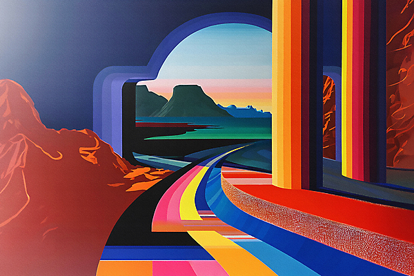 JPG 길 무지개 무늬 일러스트 자연 하늘 추상 산 풍경 사람없음 컬러풀 디지털합성 아치 지형 스펙트럼 편집소스 국내일러스트 AI일러스트 AI콘텐츠 자연요소 컬러 생태계 파일형식