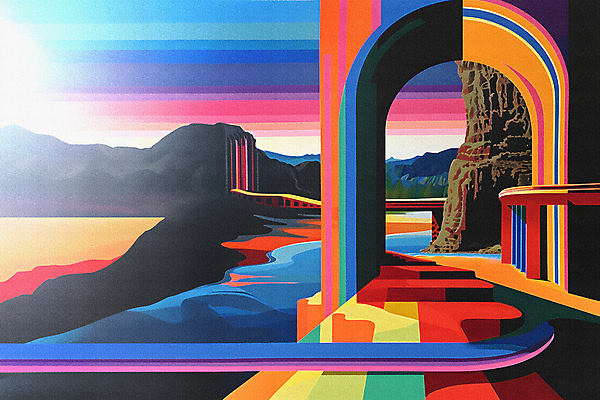 JPG 길 무지개 무늬 일러스트 자연 하늘 추상 산 풍경 사람없음 컬러풀 디지털합성 아치 지형 스펙트럼 편집소스 국내일러스트 AI일러스트 AI콘텐츠 자연요소 컬러 생태계 파일형식