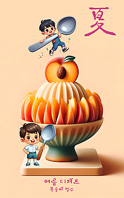 전신 PSD 편집이미지 그릇 남자 어린이 디저트 들기 소년 타이포그라피 두명 여름 숟가락 주황색 디지털합성 복숭아 과일빙수 소년만 편집소스 이미지편집 문자 식기 계절 음식 컬러 과일 모션 수저 사람 빙수 남자만 어린이만 파일형식