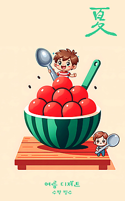 전신 PSD 편집이미지 남자 어린이 디저트 수박 들기 소년 타이포그라피 두명 빨간색 여름 숟가락 디지털합성 과일빙수 소년만 편집소스 이미지편집 문자 계절 음식 컬러 과일 모션 수저 사람 빙수 남자만 어린이만 파일형식