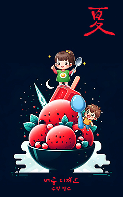 전신 PSD 편집이미지 그릇 여자 남자 어린이 디저트 수박 들기 소녀 소년 타이포그라피 두명 빨간색 여름 숟가락 디지털합성 과일빙수 어린이만 편집소스 이미지편집 문자 식기 계절 음식 컬러 과일 모션 수저 사람 빙수 파일형식