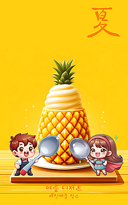 전신 PSD 편집이미지 여자 남자 어린이 디저트 들기 소녀 소년 타이포그라피 두명 여름 노란색 숟가락 디지털합성 파인애플 과일빙수 어린이만 편집소스 이미지편집 문자 계절 음식 컬러 과일 모션 수저 사람 열대과일 빙수 파일형식