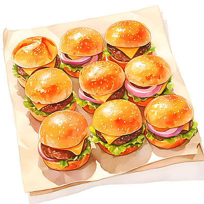 JPG 음식 토마토 일러스트 수채화 치즈 따뜻함 사람없음 주황색 햄버거 양상추 피클 종이호일 국내일러스트 AI일러스트 AI콘텐츠 컬러 채소 유제품 패스트푸드 절임 파일형식