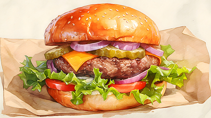 JPG 음식 토마토 일러스트 수채화 치즈 따뜻함 사람없음 주황색 햄버거 양상추 피클 종이호일 국내일러스트 AI일러스트 AI콘텐츠 컬러 채소 유제품 패스트푸드 절임 파일형식