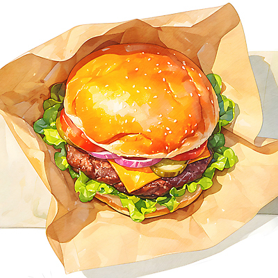 JPG 음식 토마토 일러스트 수채화 치즈 따뜻함 사람없음 주황색 햄버거 양상추 피클 종이호일 국내일러스트 AI일러스트 AI콘텐츠 컬러 채소 유제품 패스트푸드 절임 파일형식
