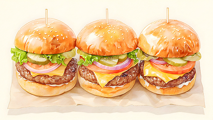 JPG 음식 토마토 일러스트 수채화 치즈 따뜻함 사람없음 주황색 햄버거 양상추 피클 이쑤시개 종이호일 국내일러스트 AI일러스트 AI콘텐츠 컬러 채소 유제품 패스트푸드 절임 파일형식