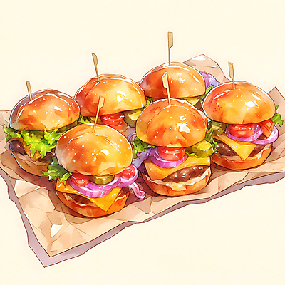 JPG 음식 토마토 일러스트 수채화 치즈 따뜻함 사람없음 주황색 햄버거 양상추 피클 이쑤시개 종이호일 국내일러스트 AI일러스트 AI콘텐츠 컬러 채소 유제품 패스트푸드 절임 파일형식