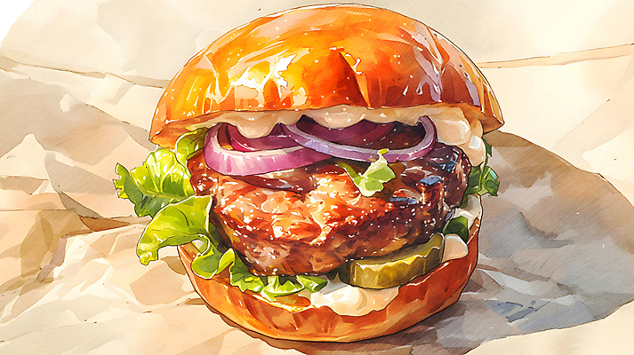 JPG 음식 토마토 일러스트 수채화 치즈 따뜻함 사람없음 주황색 햄버거 양상추 피클 종이호일 국내일러스트 AI일러스트 AI콘텐츠 컬러 채소 유제품 패스트푸드 절임 파일형식