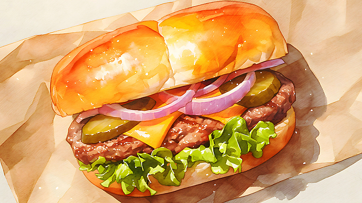 JPG 음식 토마토 일러스트 수채화 치즈 따뜻함 사람없음 주황색 햄버거 양상추 피클 종이호일 국내일러스트 AI일러스트 AI콘텐츠 컬러 채소 유제품 패스트푸드 절임 파일형식