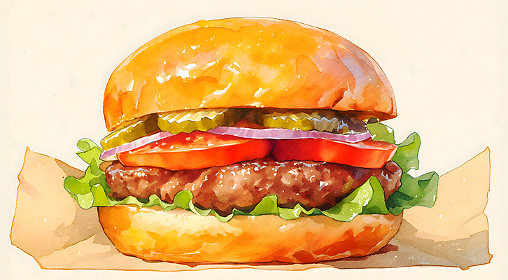 JPG 음식 토마토 일러스트 수채화 치즈 따뜻함 사람없음 주황색 햄버거 양상추 피클 종이호일 국내일러스트 AI일러스트 AI콘텐츠 컬러 채소 유제품 패스트푸드 절임 파일형식