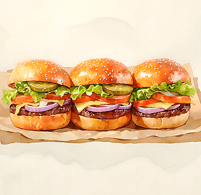 JPG 음식 토마토 일러스트 수채화 치즈 따뜻함 사람없음 주황색 햄버거 양상추 피클 종이호일 국내일러스트 AI일러스트 AI콘텐츠 컬러 채소 유제품 패스트푸드 절임 파일형식