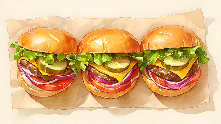 JPG 음식 토마토 일러스트 수채화 치즈 따뜻함 사람없음 주황색 햄버거 양상추 피클 종이호일 국내일러스트 AI일러스트 AI콘텐츠 컬러 채소 유제품 패스트푸드 절임 파일형식