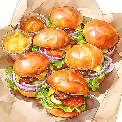 JPG 음식 토마토 일러스트 수채화 치즈 따뜻함 사람없음 주황색 햄버거 소스 양상추 피클 종이호일 국내일러스트 AI일러스트 AI콘텐츠 컬러 채소 유제품 패스트푸드 양념 절임 파일형식