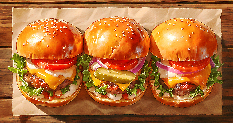 JPG 음식 토마토 일러스트 수채화 치즈 따뜻함 사람없음 주황색 햄버거 양상추 피클 종이호일 국내일러스트 AI일러스트 AI콘텐츠 컬러 채소 유제품 패스트푸드 절임 파일형식