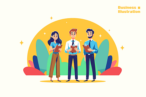 전신 여자 남자 일러스트 협력 직장 기술 대화 들기 성인 세명 반짝임 사무실 노란색 직장인 전문직 동료 결재 전략 서류판 전문 성인만 국내일러스트 AI파일 직업 컬러 회사 비즈니스 관계 모션 말하기 사람 사무용품 파일형식 벡터