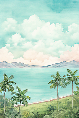 JPG 구름 하늘색 일러스트 자연 하늘 휴가 휴식 수채화 잔디 해변 사람없음 여름 야자수 국내일러스트 AI일러스트 AI콘텐츠 자연요소 나무 식물 계절 바다 컨셉 파란색 생태계 파일형식