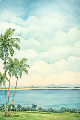 JPG 구름 하늘색 일러스트 자연 하늘 휴가 휴식 수채화 잔디 해변 사람없음 여름 야자수 국내일러스트 AI일러스트 AI콘텐츠 자연요소 나무 식물 계절 바다 컨셉 파란색 생태계 파일형식