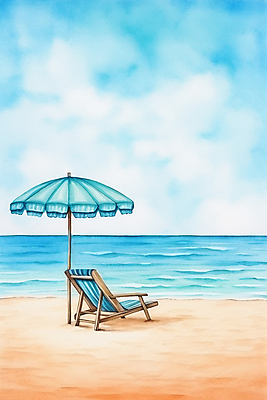 JPG 구름 하늘색 의자 일러스트 자연 하늘 휴가 휴식 수채화 해변 사람없음 여름 파라솔 국내일러스트 AI일러스트 AI콘텐츠 자연요소 계절 바다 가구 컨셉 파란색 생태계 파일형식