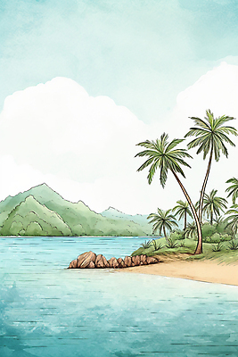 JPG 구름 하늘색 일러스트 자연 하늘 휴가 휴식 수채화 잔디 해변 사람없음 여름 야자수 국내일러스트 AI일러스트 AI콘텐츠 자연요소 나무 식물 계절 바다 컨셉 파란색 생태계 파일형식