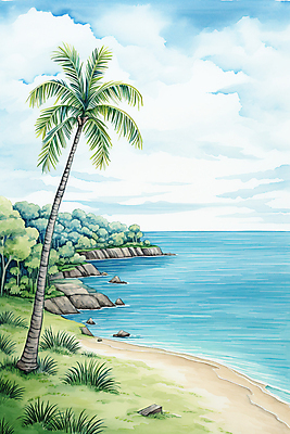 JPG 구름 하늘색 일러스트 자연 하늘 휴가 휴식 수채화 잔디 해변 사람없음 여름 야자수 국내일러스트 AI일러스트 AI콘텐츠 자연요소 나무 식물 계절 바다 컨셉 파란색 생태계 파일형식