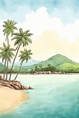 JPG 구름 무료이미지 하늘색 일러스트 자연 하늘 휴가 휴식 수채화 잔디 해변 사람없음 여름 야자수 국내일러스트 AI일러스트 AI콘텐츠 자연요소 나무 식물 계절 바다 컨셉 파란색 생태계 파일형식