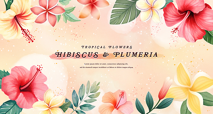 PSD 식물 일러스트 자연 나뭇잎 열대 수채화 프레임 타이포그라피 사람없음 빨간색 여름 노란색 화려 플루메리아 히비스커스 카피스페이스 트로피컬아트 국내일러스트 문자 계절 꽃 컬러 컨셉 잎 공백 그림 생태계 파일형식