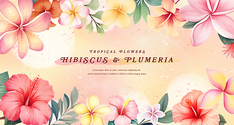 PSD 식물 분홍색 일러스트 자연 나뭇잎 열대 수채화 프레임 타이포그라피 사람없음 여름 노란색 화려 플루메리아 히비스커스 카피스페이스 트로피컬아트 국내일러스트 문자 계절 꽃 컬러 컨셉 잎 공백 그림 생태계 파일형식