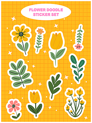 꽃 스티커 잎 일러스트 문구용품 타이포그라피 사람없음 장식 반짝임 노란색 귀여움 다이어리 손그림 꾸미기 엘리먼트 다꾸 국내일러스트 AI파일 식물 문자 컬러 컨셉 모션 사무용품 오브젝트 신조어 약어 파일형식 벡터