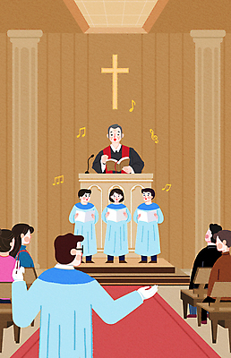 PSD 여자 남자 기독교 어린이 십자가 의자 음표 일러스트 노래 소녀 소년 여러명 성인 성경 목사 마이크 예배 지휘자 지휘 성가대 성도 국내일러스트 기호 종교 음악 음향기기 가구 다수 종교용품 사람 음악가 성직자 합창 파일형식