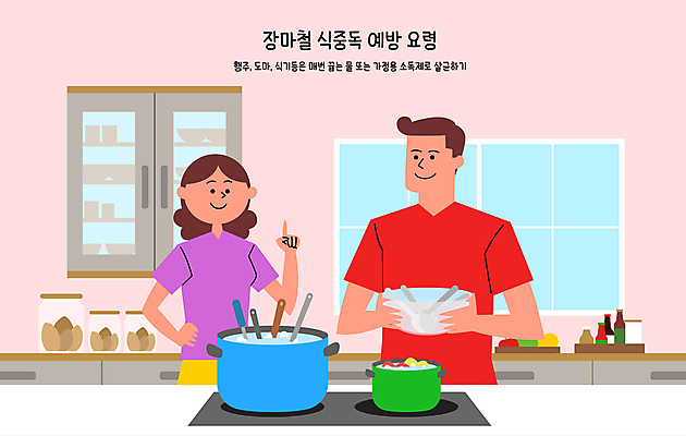 그릇 식기 여자 남자 일러스트 창문 주방용품 도마 들기 안전 성인 두명 여름 질병 냄비 찬장 예방 장마 삶기 소독 식중독 요령 살균 성인만 국내일러스트 AI파일 계절 가구 생활용품 의학 모션 사람 비_날씨 솥 파일형식 벡터