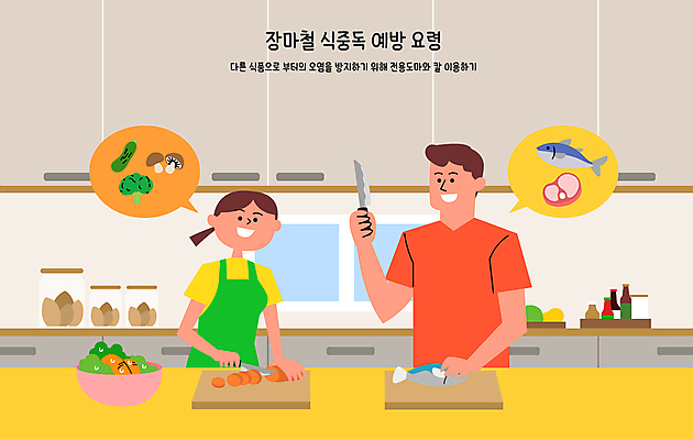 그릇 여자 남자 말풍선 일러스트 창문 도마 육류 어류 들기 안전 성인 두명 여름 주방 앞치마 버섯 오염 칼 질병 브로콜리 예방 장마 식칼 애호박 구분 분류 식중독 요령 성인만 국내일러스트 AI파일 식기 계절 채소 식재료 의학 모션 호박 주방용품 사람 수중동물 비_날씨 파일형식 벡터