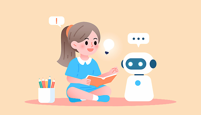 전신 여자 교육 어린이 분홍색 말풍선 일러스트 커뮤니케이션 기술 대화 한명 들기 앉기 소녀 책 독서 디지털 느낌표 읽기 로봇 연필꽂이 소녀한명만 상호작용 AI_인공지능 국내일러스트 AI파일 1 기호 컬러 모션 문구용품 말하기 사람 여자한명만 소녀만 파일형식 벡터