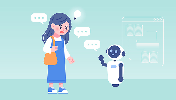 전신 여자 교육 어린이 말풍선 가방 일러스트 전구 커뮤니케이션 기술 대화 한명 서기 소녀 책 파란색 디지털 로봇 매기 소녀한명만 코딩 상호작용 AI_인공지능 국내일러스트 AI파일 1 잡화 컬러 모션 말하기 사람 컴퓨터교육 여자한명만 소녀만 파일형식 벡터